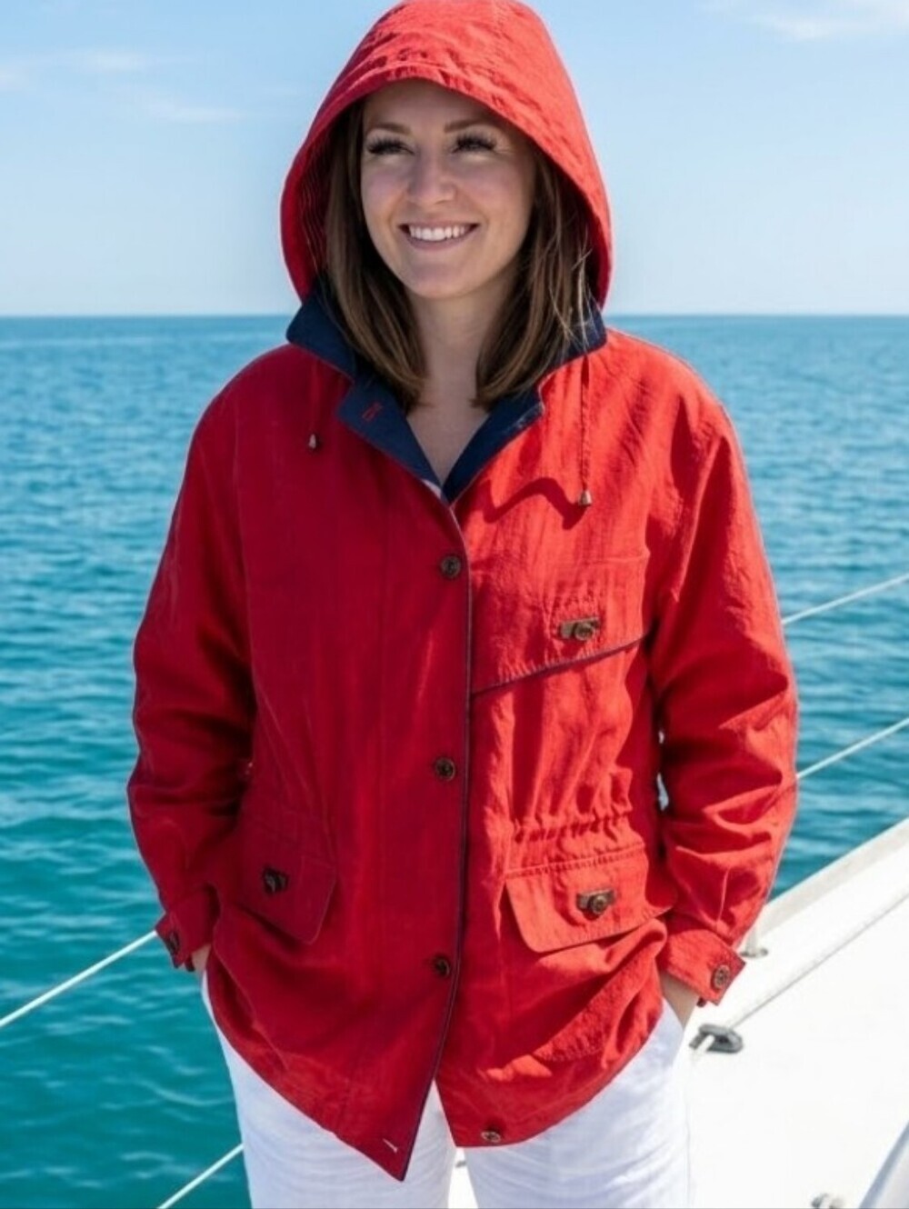 Vintage Braeton Boat Jacket Size Large Red Hooded Pockets Pea Coat
